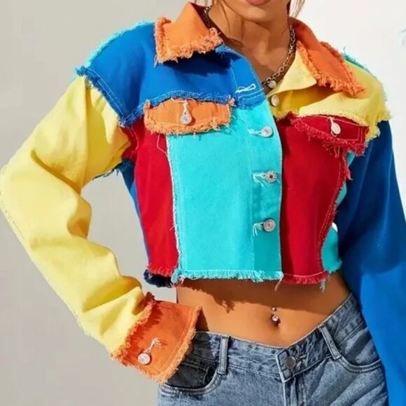 Color Block Raw Hem Frayed Button Up Crop Jacket - Picture 1 of 4